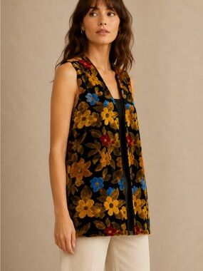 Vintage Late 60s Aladdin Floral Chenile Tapestry Vest Longline Boho Retro M